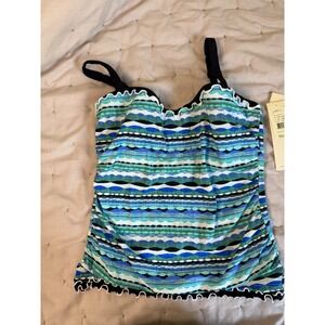 MWT‎ Gottex Profile 40D Cup Multi Blu Striped Tankini Swim Top Adjustable Straps